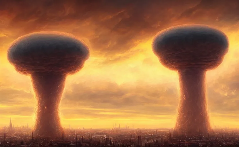 Prompt: nuclear mushroom cloud over London featured on Raphael Lacoste and John Howe and Andreas Rocha artstation, ultrawide angle cycles render, 4k