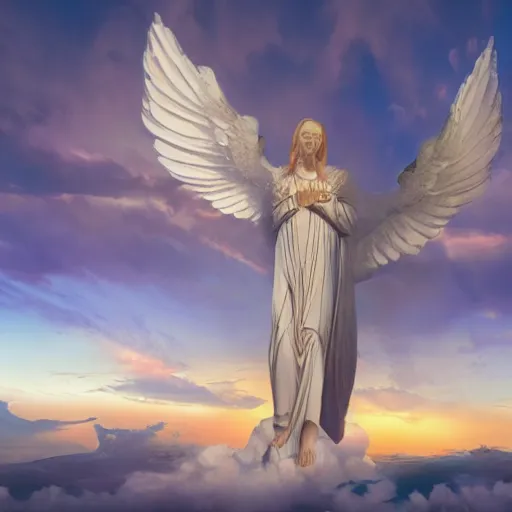 Prompt: gigantic biblical depiction of an angel towering over a vast landscape, cinematic, realistic, geometric white marble body, photorealistic, golden sky color, global illumination, volumetric lighting, god rays, beautiful composition, majestic clouds, soft colors, heavenly lighting