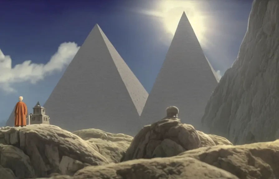 Image similar to a cell - shaded cartoon movie still from howl's moving castle ( 2 0 0 4 ) of a monk in a grey robe. in the background is a white pristine pyramid in the ocean. shafts of sunlight come from above. wide shot, very dull muted colors, hd, 4 k, hq