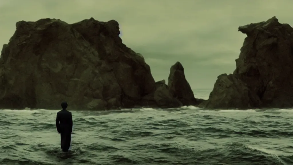 Prompt: Cillian Murphy coming out of the ocean, film still from the movie directed by Denis Villeneuve with art direction by Zdzisław Beksiński, wide lens