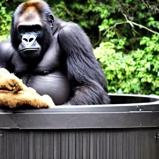 Image similar to joe rogan as a gorilla sitting in a hot tub