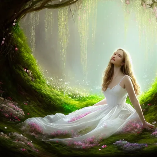 Image similar to a picture of a beautiful woman in a white organza dress and covered in flowers and leaves sitting overlooking an enchanted forest, high fantasy, elegant, epic, detailed, intricate, digital painting, concept art, realistic detailed face, smooth, focus, rim light, detailed 8 5 mm f / 1. 4, anamorphic lens,