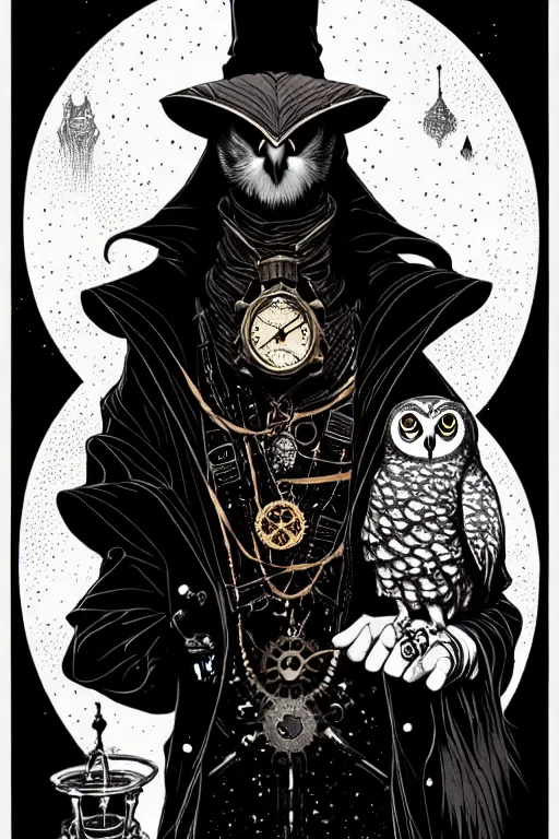 Prompt: a majestic steampunk alchemists cloaked wizard holding his pet owl, high details, bold line art, by vincent di fate and joe fenton, inking, etching, screen print, masterpiece, trending on artstation, sharp, high contrast, hyper - detailed,, hd, 4 k, 8 k