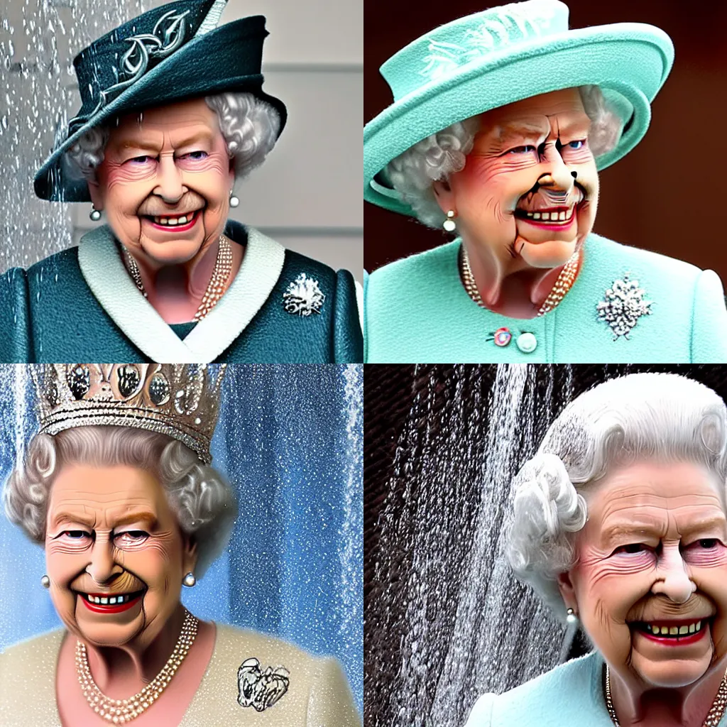 Prompt: Queen Elizabeth in the shower with white water on her face