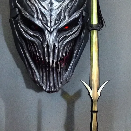 Image similar to Sauron skeletal mask holding sword intimidating standing in front of Minas Morgul fortress Minas Ithil ring wraith fantasy painting mid distance 40mm fullbody
