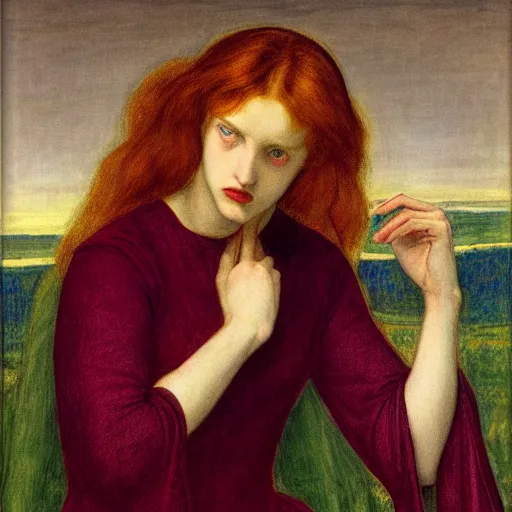 Image similar to The Sorrowful Qween Gwyneth by Dante Gabriel Rossetti, oil on canvas, realist quality