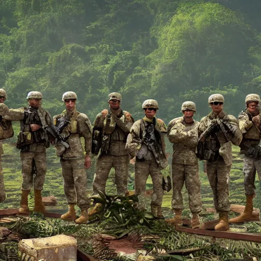 Image similar to an army of american soldiers wearing camouflage standing in the ruins of a destroyed monastery, they are in a jungle with vines everywhere, painting, artstationhq