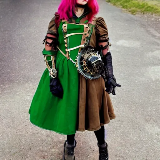 Prompt: a girl with green hair wearing steampunk clothes