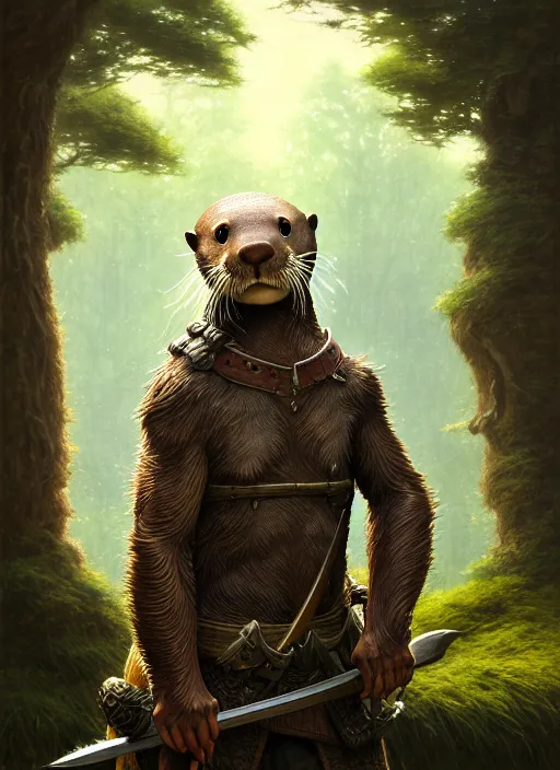 Image similar to a film still portrait of a otter warrior, finely detailed features, cinematic lighting, perfect art, brian jacques redwall woodland, forest, intricate, artstation, trending on pixiv fanbox, painted by brian jacques greg rutkowski, studio ghibli, fantasy, 4 k