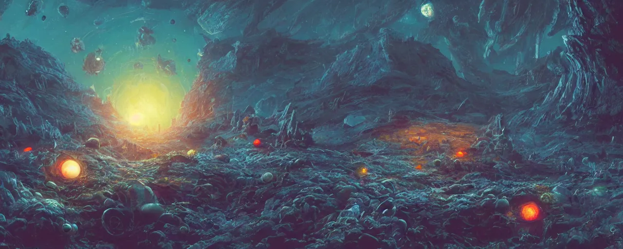 Image similar to ” outer planet with strange and mysterious eggs and larvae, [ art by paul lehr, cinematic, detailed, epic, widescreen, opening, establishing, mattepainting, photorealistic, realistic textures, octane render ] ”