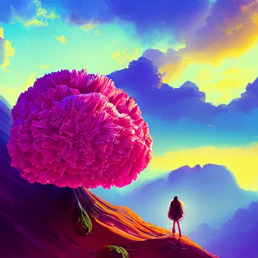 Image similar to giant carnation flower as a head, girl hiking in a canyon, surreal photography, sunrise, dramatic light, impressionist painting, colorful clouds, digital painting, artstation, simon stalenhag