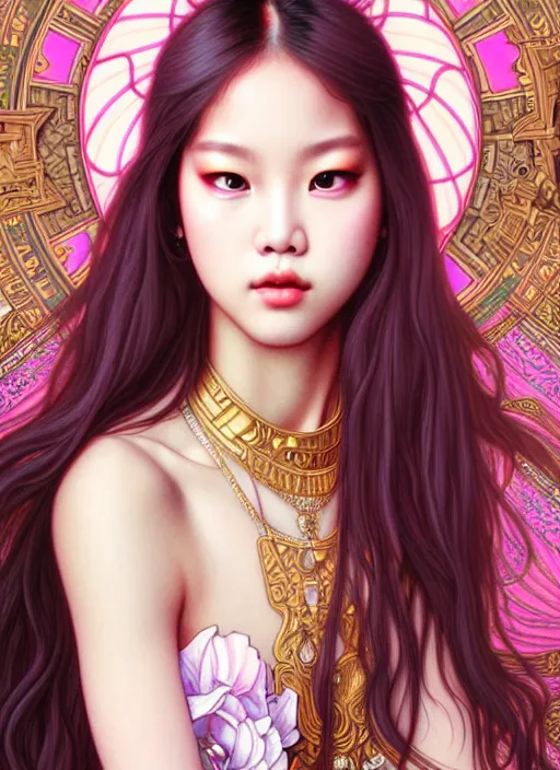 Image similar to jennie manoban of blackpink, tarot card, highly detailed, digital painting, smooth, sharp focus, illustration, ultra realistic, 8 k, art by artgerm and alphonse mucha