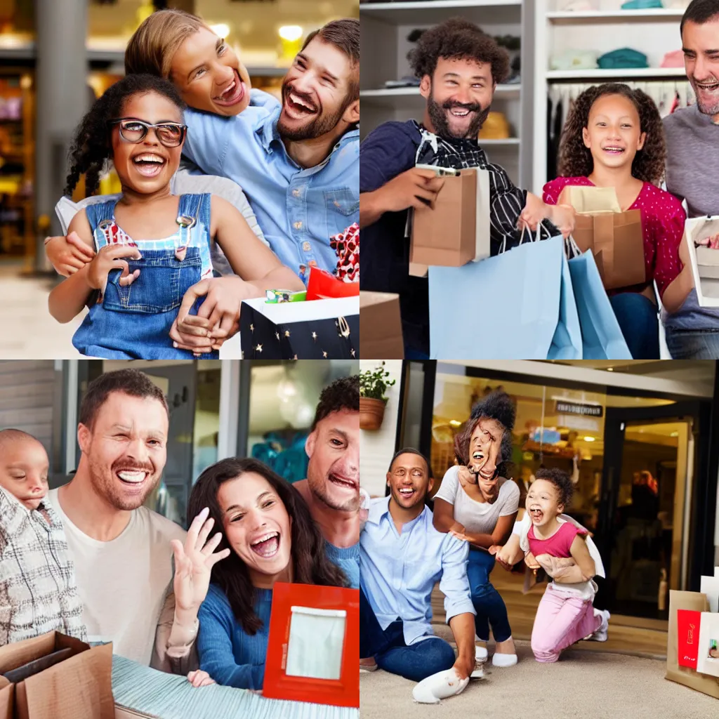 Prompt: retail photograph of hilariously happy family enjoying latest purchases, american dream