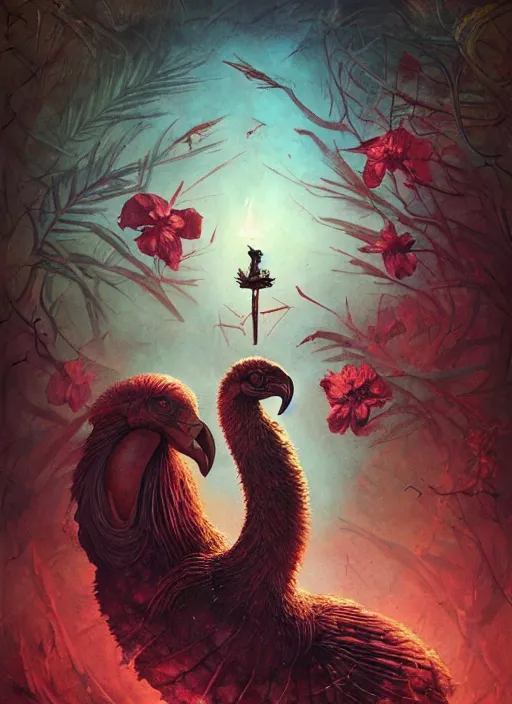 Image similar to the dodo, death tarot card, highly detailed, cinematic, 8 k, by megan duncanson, benjamin lacombe, adrian borda, stanley artgermm, tom bagshaw, craig mullins, carne griffiths, ayami kojima, beksinski, giger, trending on deviantart, hyper detailed, horror, full of colour