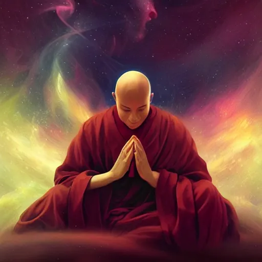 Prompt: the elegance of life, contrasting colors, cinematic, a simple textured vector based illustration, extraordinary lighting, a bald monk meditates within a nebula, critical detail, atmospheric dreamscape painting, digital art, wlop by ( jeremiah ketner and leonardo da vinci and greg rutkowski ), sharp focus