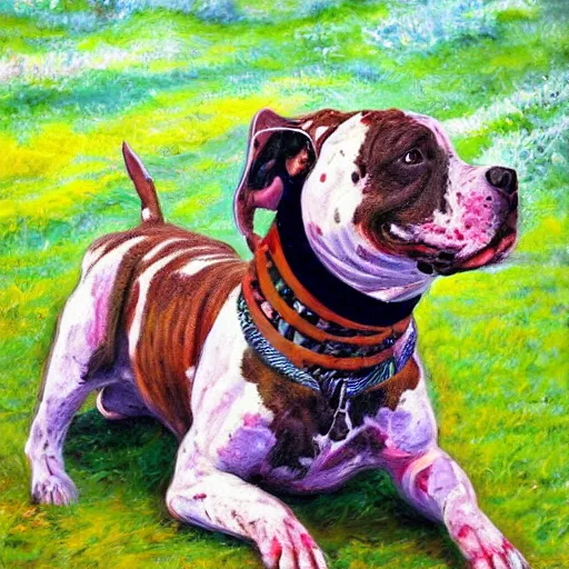 Image similar to pitbull with brindle coat and white paws and white chest. wearing rollerblades painting. oil painting. impressionist. impressionism. fun. energetic. colorful.