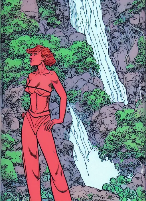 Prompt: a serene and beautiful woman standing in front of a waterfall arthur adams and moebius and chip zdarsky, stunning, comic, pen and ink, slash page, highly detailed