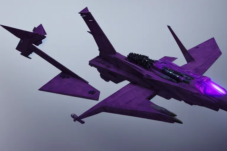 Prompt: alien military fighter jet, purple, futuristic, apocalyptic, by jon aaron kambeitz, katsuhiro otomo, heng z, concept art, insanely detailed, raytracing, octane, unreal engine, trending on artstation