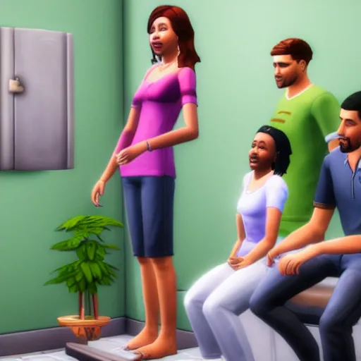 Prompt: Photo of a sims 4 family sitting on the toilet while holding hands, video game, 4k, high quality, wide angle,