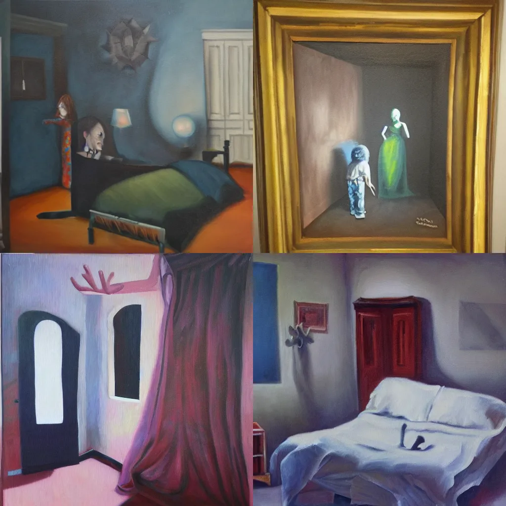 Prompt: nightmare in the room, oil painting