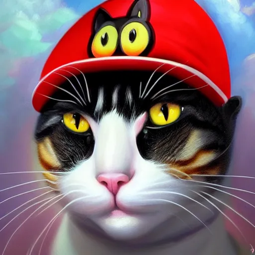 Image similar to A beautiful oil painting of a Kawaii Cat wearing a Super Mario Hat, illustration, art by artgerm, volumetric lighting, photorealistic, highly detailed.