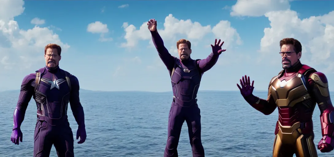 Image similar to a very high resolution image from a new movie. thanos waving at tony stark while capitan america watches on a lake, photorealistic, photography, directed by wes anderson