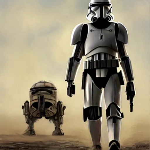 Prompt: extremely long shot of an imperial stormtrooper walking, concept art by Doug Chiang cinematic, realistic painting, high definition, concept art, the Mandalorian concept art style