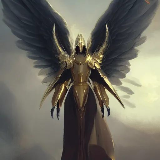 Prompt: golden armored angel, wings made of energy, metal halo, no face, hooded, gold, fantasy, concept art, ultra realistic, character art by greg rutkowski