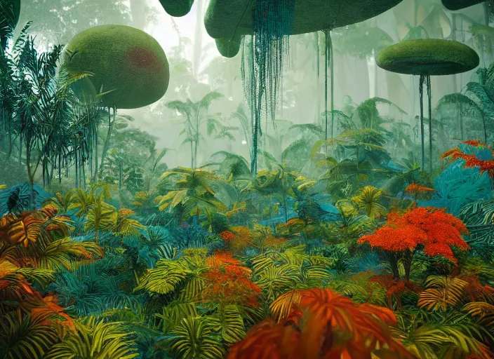 Prompt: a lush alien forest, teal sky, orange plants, birds in flight, humid alien jungle, orange and teal color scheme, atmospheric, exotic, colorful, unreal engine, trending on artstation