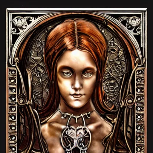 Image similar to steam _ girl _ memento _ mori _ gothic _ neo _ - _ gothic _ art _ nouveau _ hyperdetailed _ copper _ patina _ medieval _ icon _ philippe