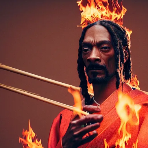Image similar to cinematic film still of Snoop Dogg starring as a Samurai holding fire, Japanese CGI, VFX, 2022, 40mm lens, shallow depth of field, film photography