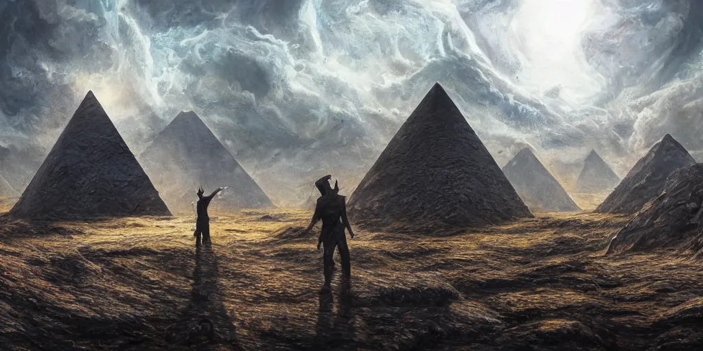 Image similar to beautiful painting of a landscape with levitating obsidian alien pyramids with by kim jakobsson, takato yamamoto, clement - auguste andrieux and santiago caruso trending on artstation sunshine rays cryengine behance hd 8 k 3 d 8 k resolution photoillustration ambient occlusion, stars with lasers, nyarlathotep by arrivabene