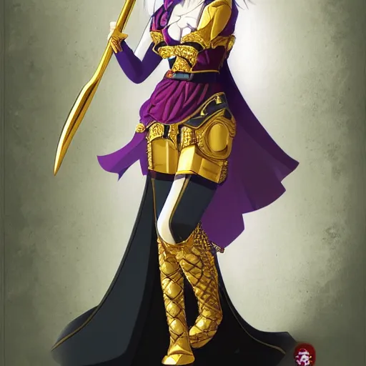 Prompt: 32bit anime portrait of a girl with a diamond encrusted spear and a golden shield and silver armor