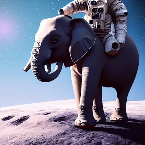 Image similar to A hyper real comic book style portait painting of an elephant in an astronaut suit walking on the moon, unreal 5, hyperrealistic, octane render, cosplay, RPG portrait, dynamic lighting