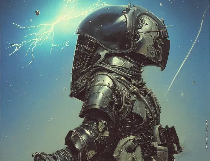 Image similar to a detailed portrait painting of a bounty hunter in combat armour and visor. cinematic sci-fi poster. Flight suit and wires, accurate anatomy. Samurai influence, fencing armour. portrait symmetrical and science fiction theme with lightning, aurora lighting. clouds and stars. Futurism by beksinski carl spitzweg moebius and tuomas korpi. baroque elements. baroque element. intricate artwork by caravaggio. Oil painting. Trending on artstation. 8k