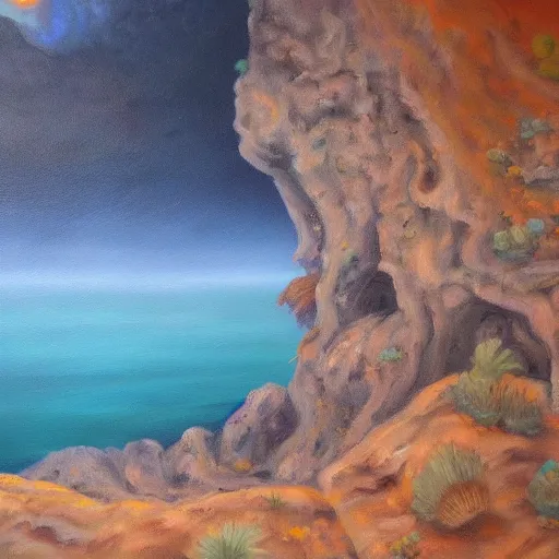 Prompt: Realm between the mountains and the sea, fantasy, oil painting, extra detailed