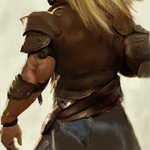 Prompt: rear side portrait of a muscular, ponytail haired blonde man with a steel left arm, wearing a brown leather coat, scar on the left side of the face, DnD, fantasy, digital art by Ruan Jia