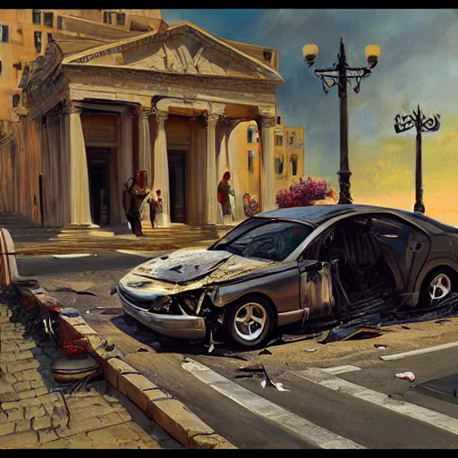 Image similar to detailed painting of a car crash with old cmputers on the sidewalk, celestial ephemeral ornaments and greek architecture, artstation, norm rockwell, cinematic