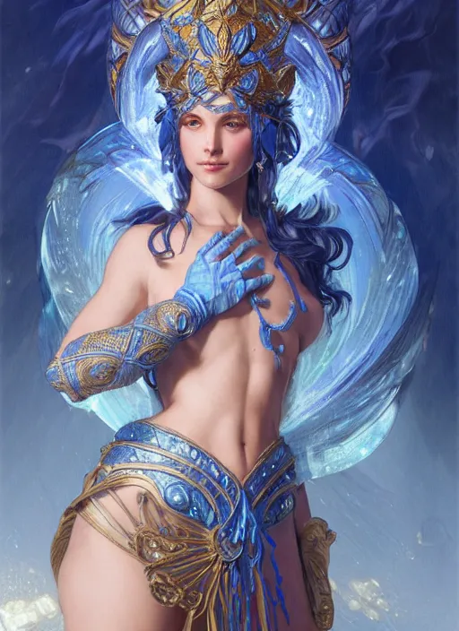 Image similar to a goddess of water wearing blue armor, with hands and hair turning into wearing, fantasy, intricate, elegant, highly detailed, digital painting, artstation, concept art, wallpaper, smooth, sharp focus, illustration, art by artgerm and greg rutkowski and alphonse mucha