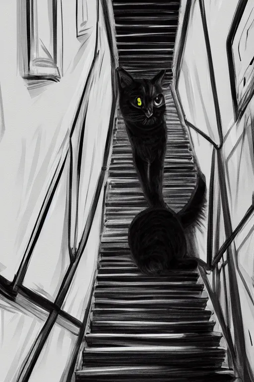 Image similar to looking down a flight of stairs at a black cat, digital illustration, artstation, artstation hq, hd