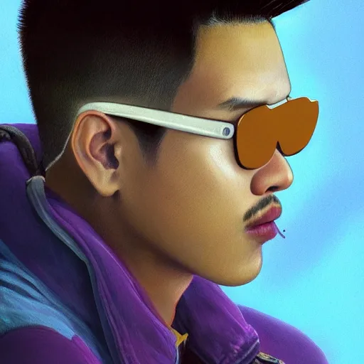 Prompt: very detailed masterpiece closeup painting of a very handsome young indonesian with small mustache cyberpunk man with light blue shutter shades, one side haircut, brown hair with light blue ends, purple leather jacket, beauty mark on cheek, portrait, synthwave background, artstation, concept art by greg rutkowski