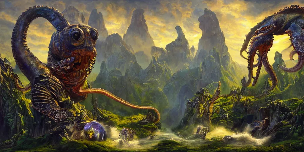 Image similar to fantasy oil painting, great leviathan, cybernetic turtle cephalopod terrapin reptilian pachyderm squid, bella hadid, hybrid, milla jovovich, anubis, epic natural light, lush plants flowers, spectacular mountains, bright clouds, luminous sky, outer worlds, golden hour, michael cheval, edward hopper, michael whelan, vray, hd