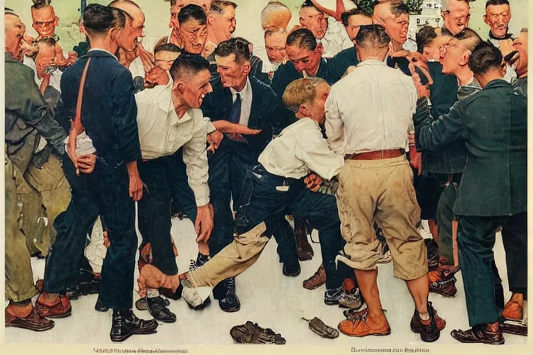 Prompt: a norman rockwell painting of a group of l - lgbt activists making a scene in front of a russian super - max prison