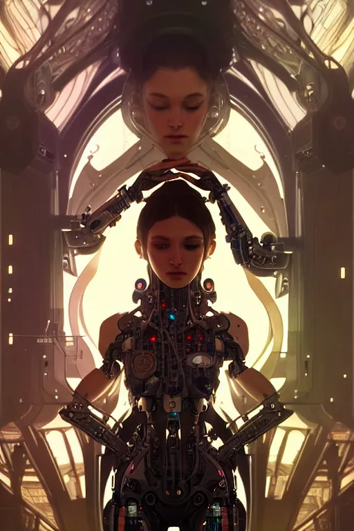 Image similar to ultra realistic, beautiful female cyborg in a crowded smoky cyberpunk club in space megalopolis, sci - fi, intricate details, eerie, highly detailed, octane render, 8 k, art by artgerm and alphonse mucha and greg rutkowski