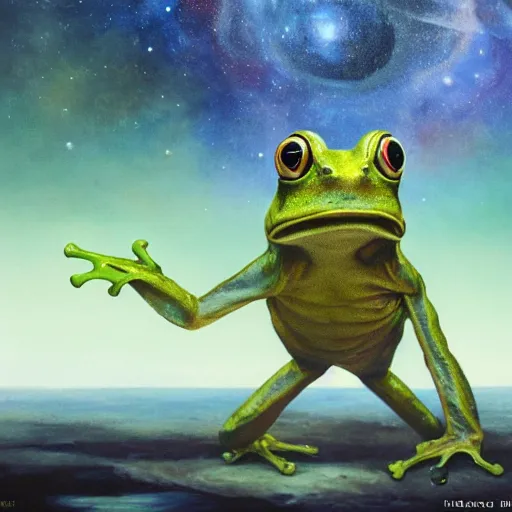 Prompt: long shot of a froggy alien, by esao andrews, by m. w. kaluta, by james web telescope, by ridley scott, ultra humorous beautiful oil painting, cinematic space scenery, small depth of field, depth perception, volumetric light, rich colors, 3 d octane render, 8 k, conceptart, hyperdetailed, hyperrealistic, trending on artstation