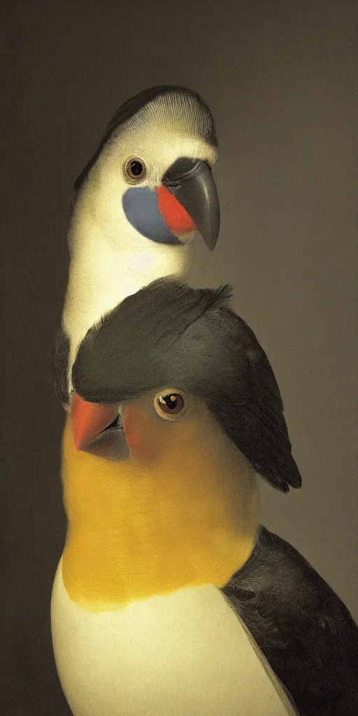 Prompt: A masterpiece portrait of a modern lutino cockatiel by Rembrandt, dramatic lighting, oil on canvas