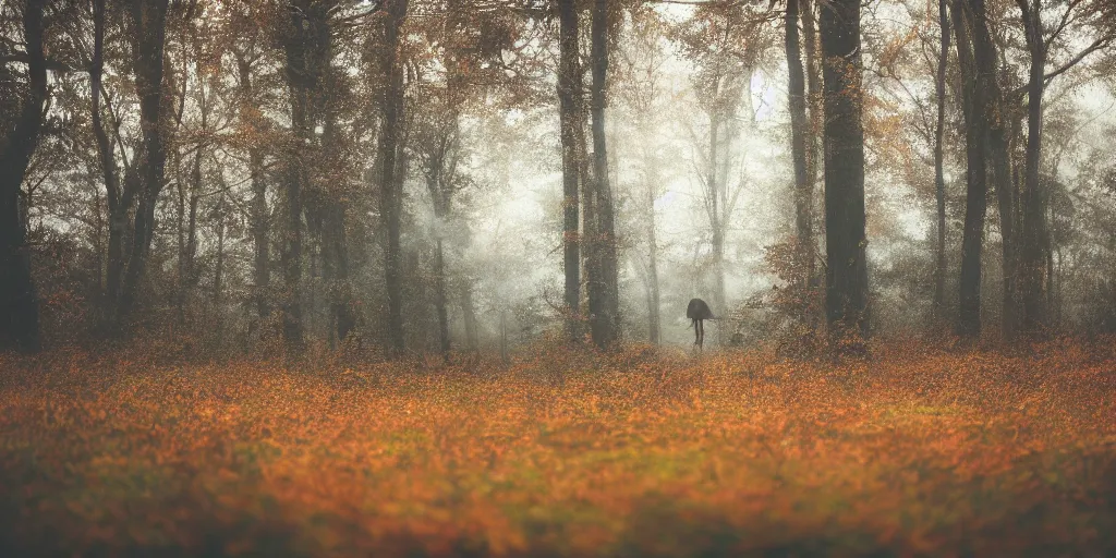 Image similar to a white female ghost in a ominous forest, autumn, 35mm, cinematic atmosphere, mist, photorealistic, depth of field, gloomy