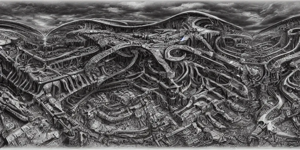 Image similar to equirectangular matte painting of a biomechanical landscape by hr giger