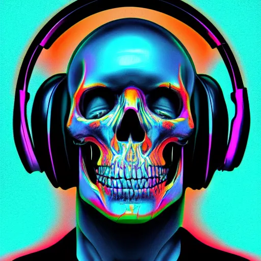 Prompt: melted human skull with headphones, retrowave, synthwave, psychedelic background with sacred geomerty elements in style of alex gray, digital art, artstation