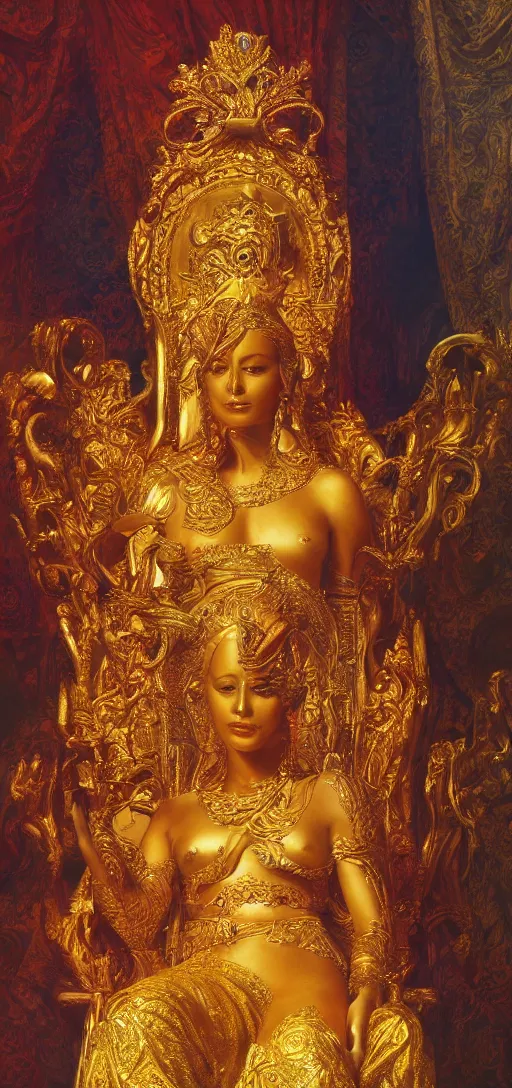 Prompt: a beautiful painting of a golden goddess sitting on a throne, dennis velleneuve, warm colors, ultra realistic, 8 k, photography